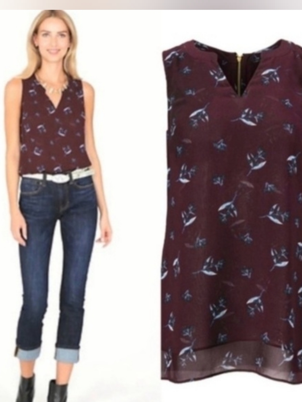 CAbi Maroon Blouse with Navy Floral Accents